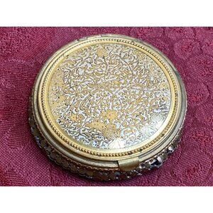 Vtg Rex Cloisonné Bird Mesh Bag Make Up Powder Puff Compact Gold Tone